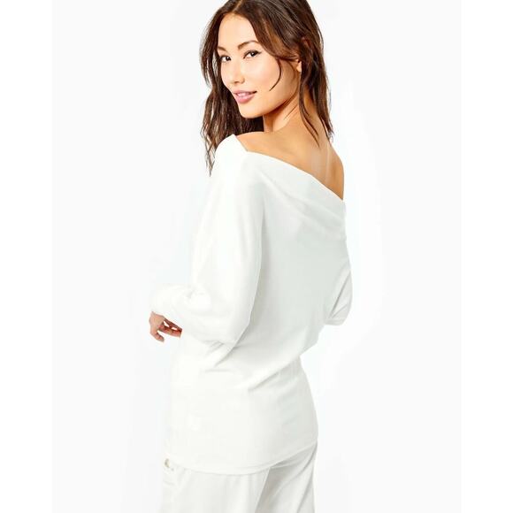 LILLY PULITZER Sheera Velour Off Shoulder Top & Mallie Pants Set Coconut White L - Picture 2 of 16